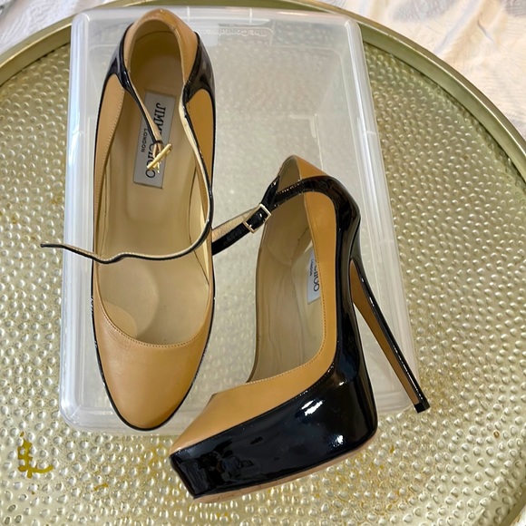 Jimmy Choo Shoes - Jimmy Choo Siskin Nude Calf Leather /Black Patent Leather platform heel.